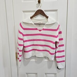 Jessica Simpson White Pink Stripe Collared Cropped Knit Sweater Top Size S